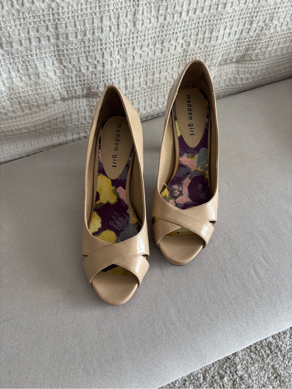 Madden Girl Beige Patent Peep-Toe Heels